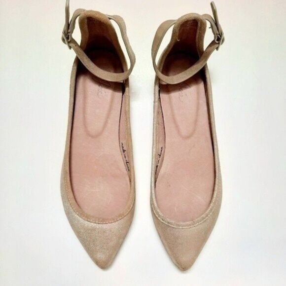 JOIE Temple Gold Metallic Pointed Toe Ankle Strap Flats Sz US 6 EUR 36 - Picture 2 of 13